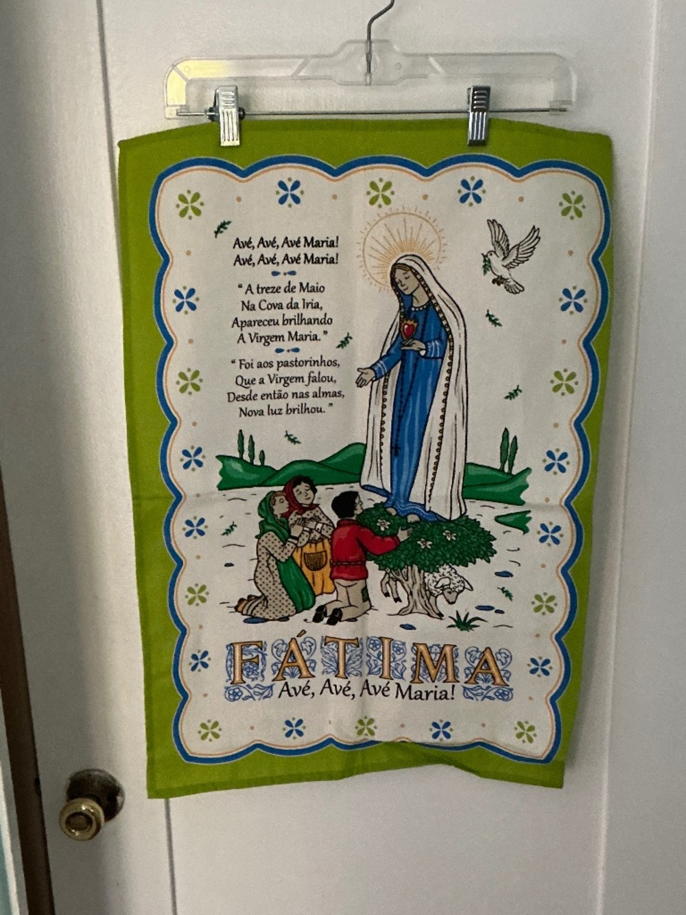 Vintage Our Lady of Fátima Linen Tea Towel | Portuguese Religious Wall Hanging |